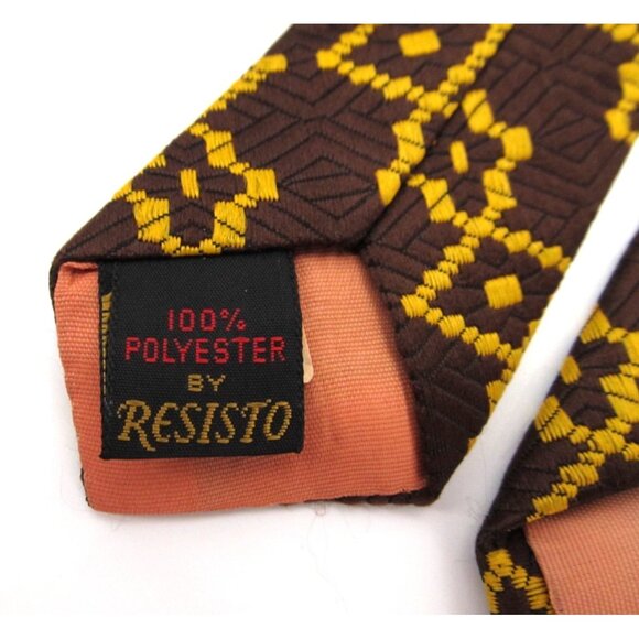 Vintage 70s Resisto Wide Necktie Brown Yellow Retro Geometric 54x4" Made in USA - Picture 7 of 9